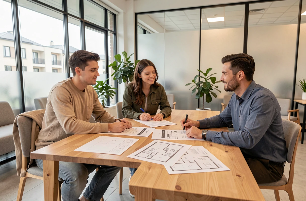 Couple de futurs acheteurs en consultation avec un conseiller immobilier dans une agence moderne