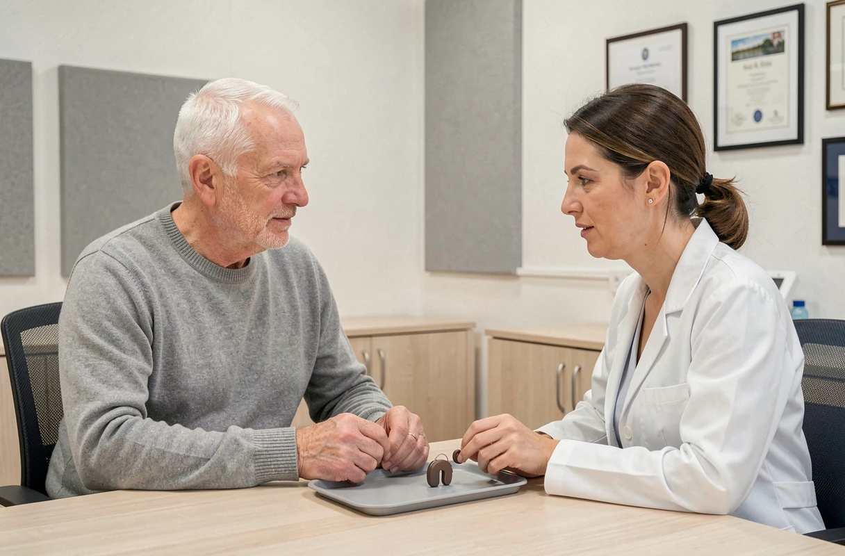 Homme senior lors d'une consultation chez un audiologiste examinant un appareil auditif, démarche proactive pour préserver son autonomie après 60 ans