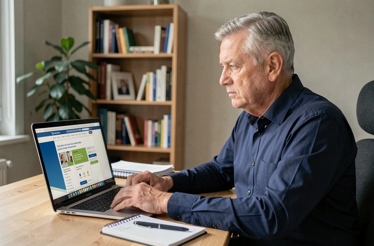 Homme consultant le portail de la sécurité sociale en ligne pour vérifier le versement de sa pension d'invalidité