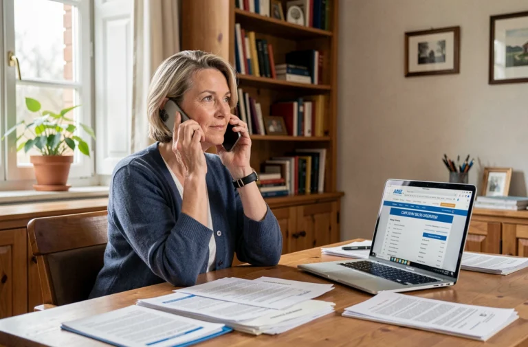 Femme utilisant son téléphone pour contacter le service de la Sécurité sociale depuis son bureau à domicile