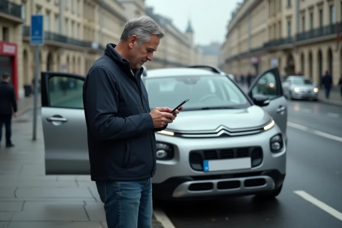 Homme couplant son smartphone en Bluetooth avec une Citroën C3 garée dans une rue de ville