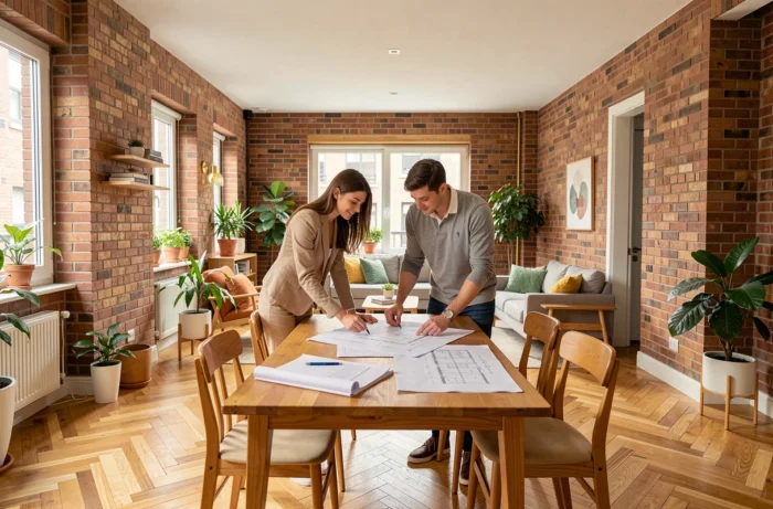 Couple de jeunes acheteurs étudiant des plans immobiliers dans un appartement rénové