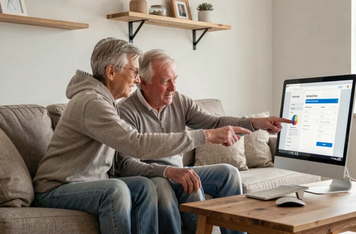 Couple de retraités Orange consultant ensemble leur compte CCUES sur un ordinateur dans leur salon