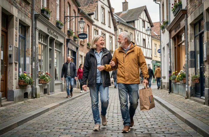 Couple de retraités se promenant dans une ville belge, profiter de la retraite active en Belgique