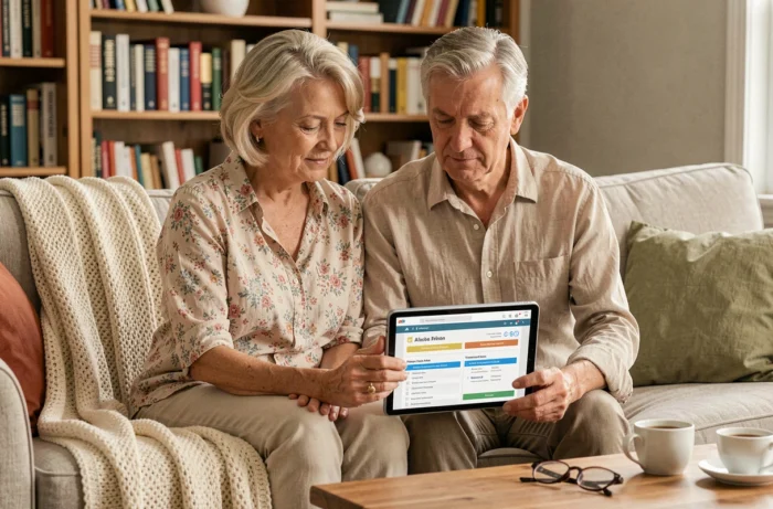 Couple de seniors comparant des mutuelles santé sur une tablette dans leur salon