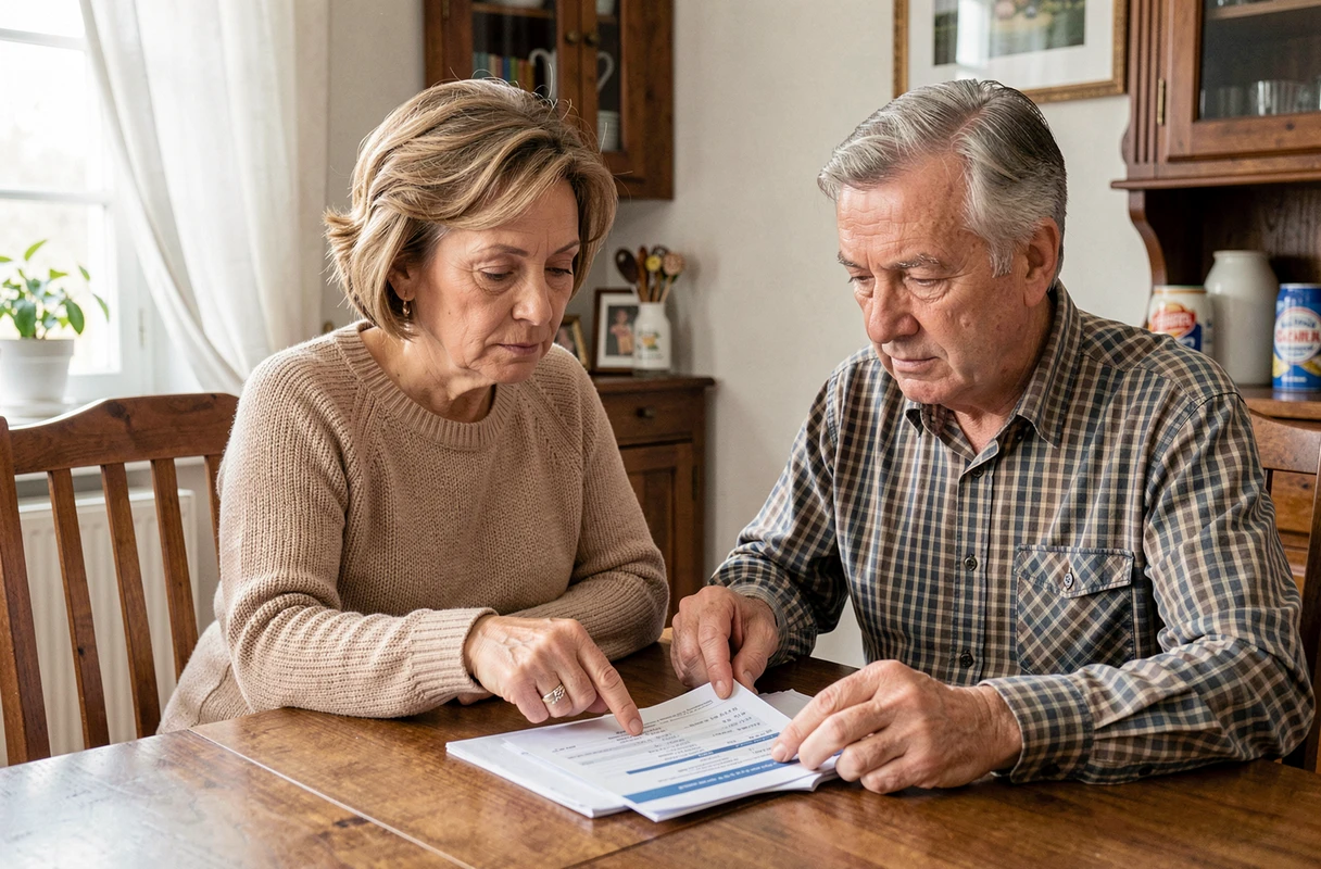 Couple vérifiant ensemble le paiement de la pension d'invalidité sur un relevé bancaire à domicile