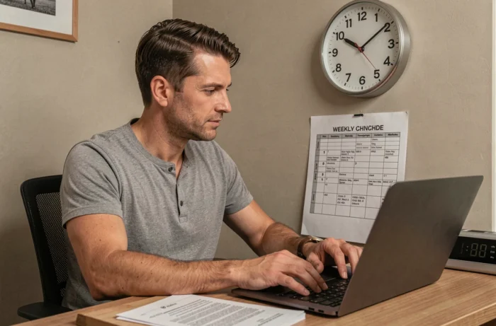 Homme consultant un planning horaire affiché au mur pour organiser ses créneaux de travail et ses plages de déconnexion