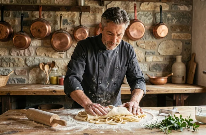 Chef étalant des pâtes fraîches maison sur un plan de travail en bois dans une cuisine rustique, tendance cuisine italienne artisanale