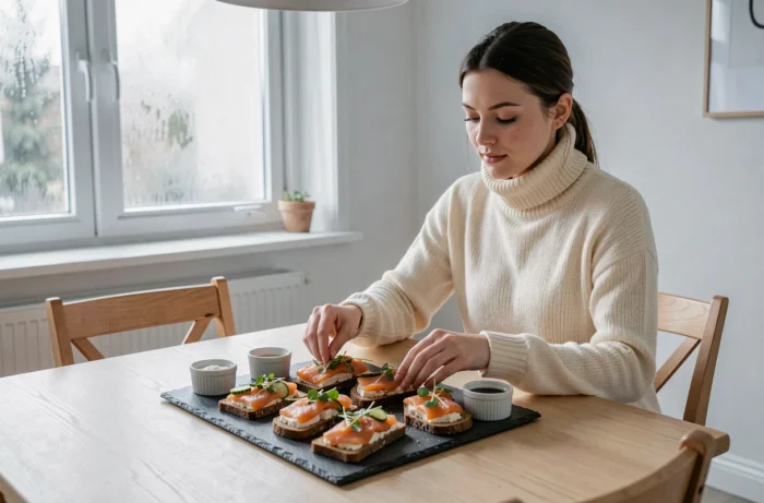 Jeune femme dressant un plateau de smørrebrød nordique sur une table en chêne clair dans un intérieur scandinave épuré, tendance cuisine nordique