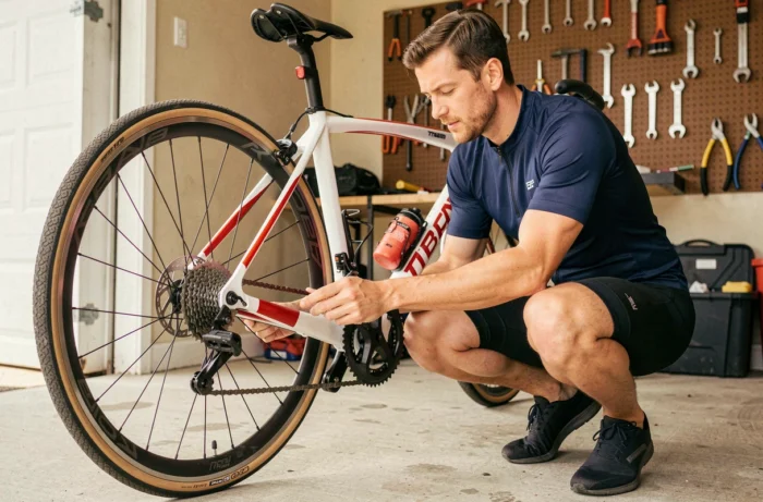 Cycliste inspectant le dérailleur d'un vélo de route Triban RC 120 dans un garage, guide d'achat vélo