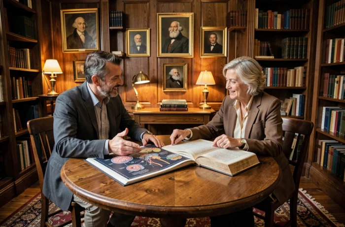 Deux chercheurs en philosophie et en neurosciences échangeant leurs idées autour de livres dans un salon académique historique