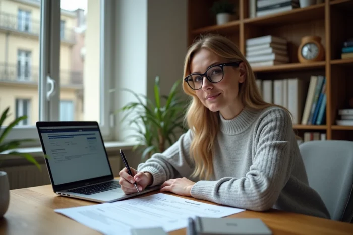 Femme gérant une demande de financement BPCE en ligne depuis son bureau à domicile