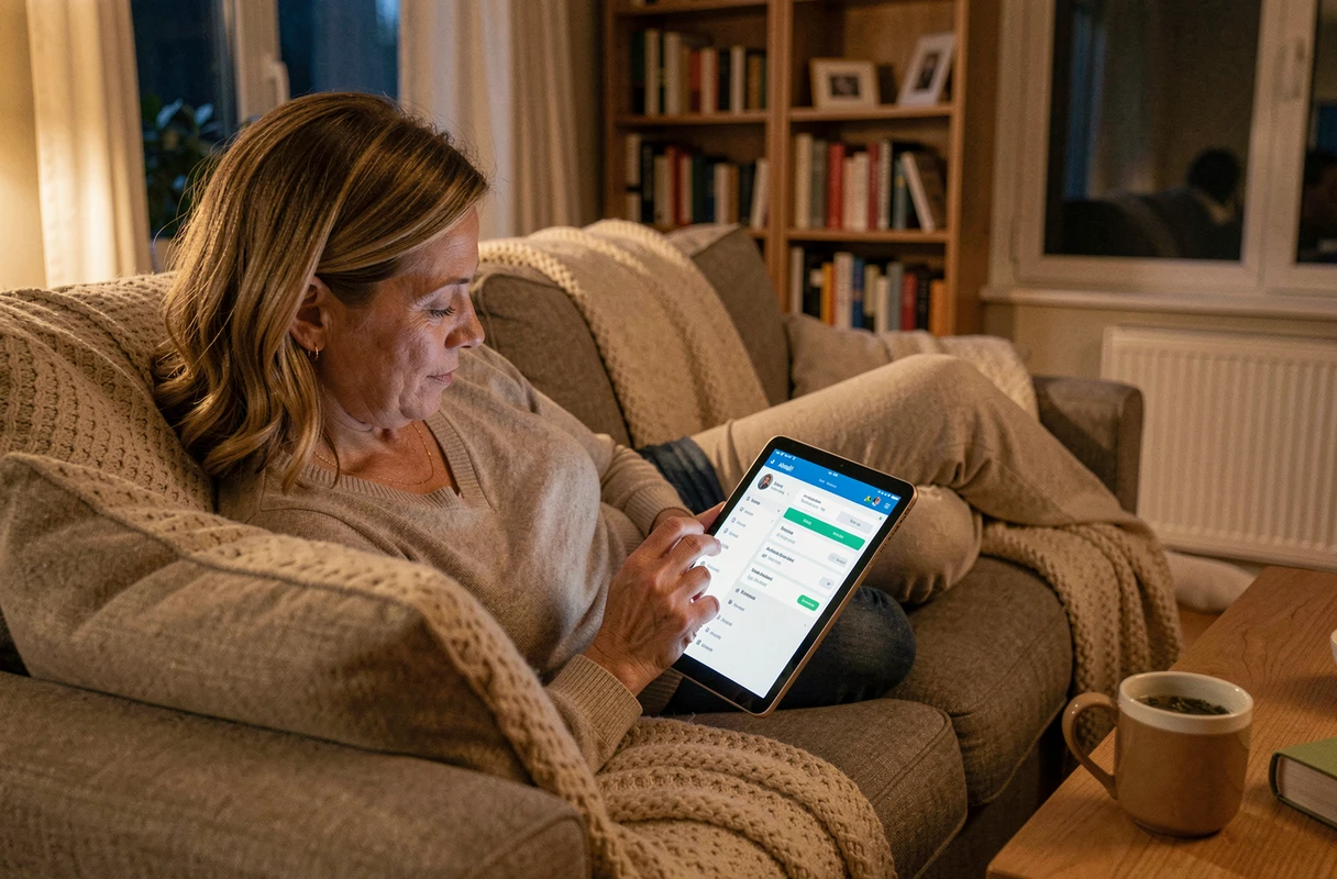 Femme utilisant son compte Ameli en ligne sur une tablette depuis son canapé, disponible à toute heure