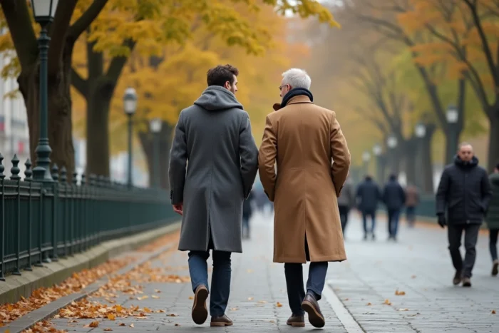 Deux hommes marchant ensemble sur un boulevard parisien en automne, illustrant une relation de confiance et de complicité