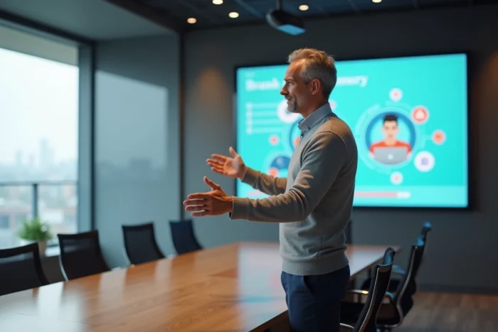Dirigeant d'entreprise présentant une vidéo motion design sur écran en salle de réunion moderne
