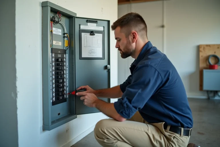 Électricien professionnel inspectant un tableau électrique avec un testeur de tension dans une pièce utilitaire intérieure