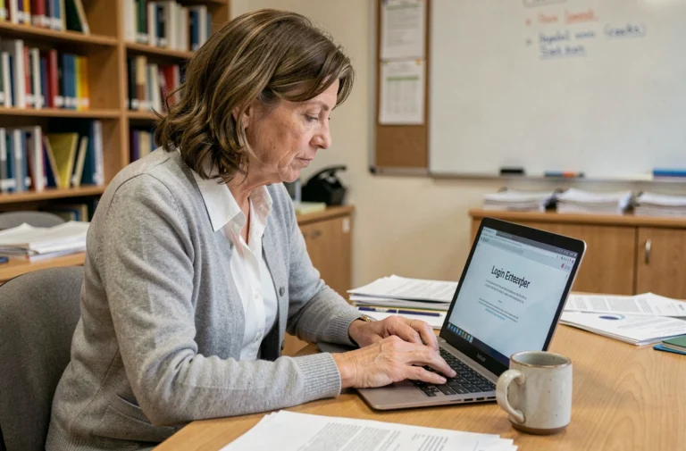 Enseignante face à un problème de connexion sur son ordinateur portable dans une salle des professeurs