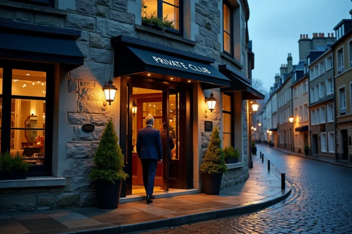 Entrée discrète d'un club libertin en Bretagne sur une rue pavée au crépuscule