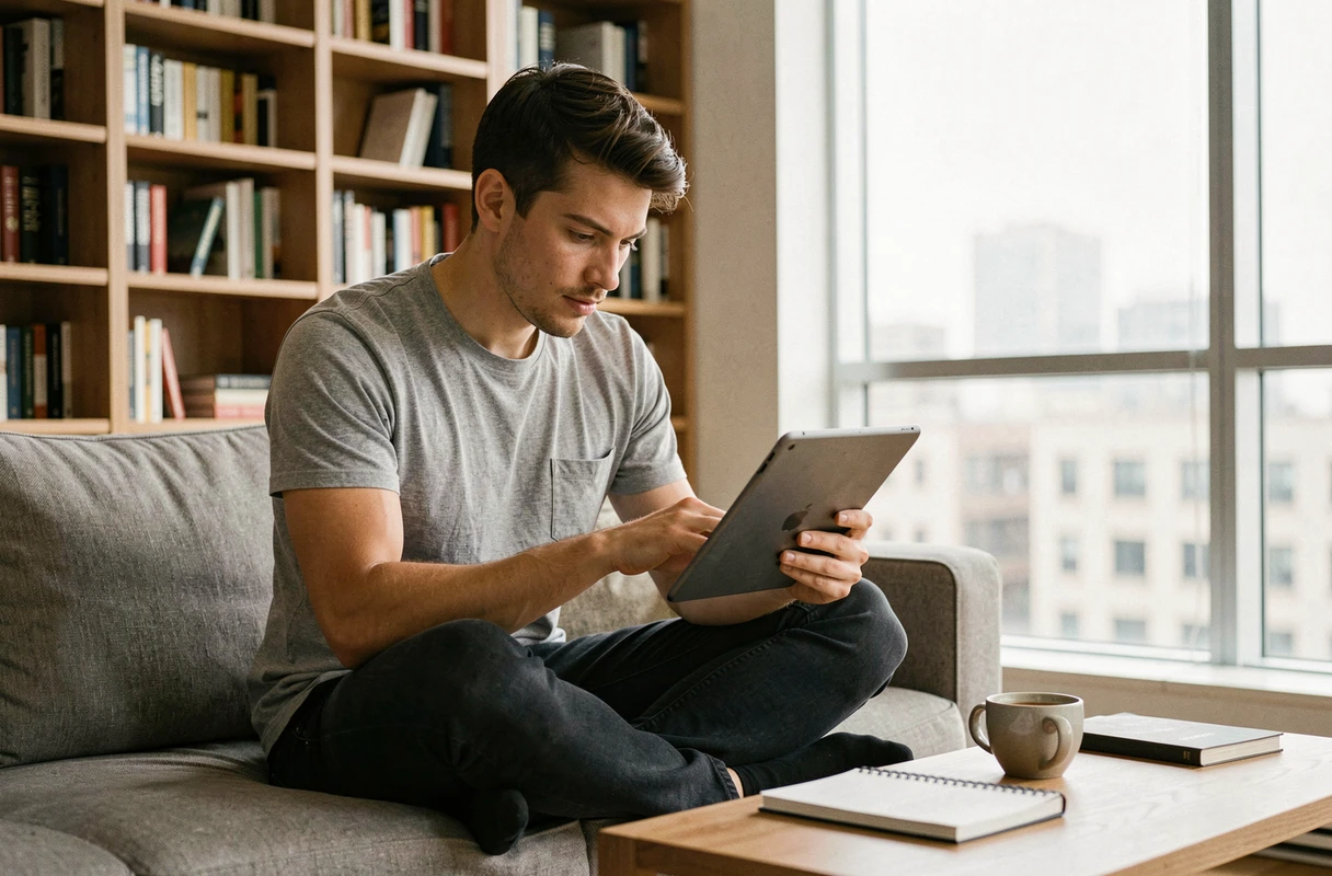 Jeune entrepreneur consultant les actualités du commerce en ligne sur une tablette dans un bureau à domicile