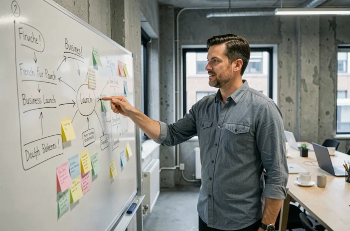 Entrepreneur masculin présentant les étapes de lancement d'une entreprise sur un tableau blanc dans un espace de coworking