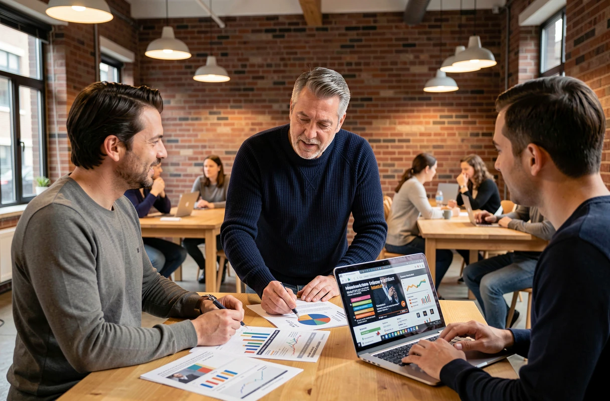 Équipe de professionnels discutant des tendances du monde des affaires en ligne dans un espace de coworking