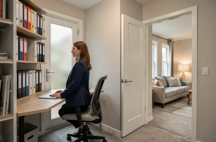 Espace de travail à domicile physiquement séparé du reste du logement grâce à une pièce dédiée avec porte fermée