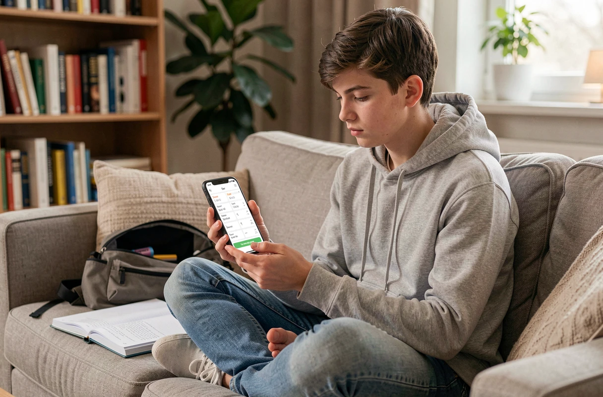 Adolescent révisant la conjugaison du verbe ser en espagnol sur une application mobile depuis son canapé