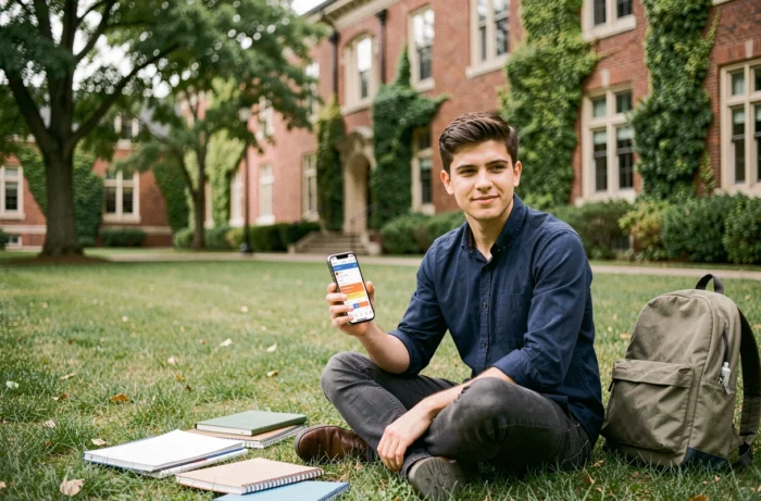 Jeune homme consultant ses avantages d'adresse mail étudiant sur smartphone assis sur un campus universitaire