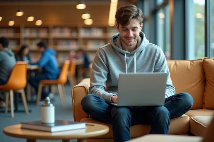 Étudiant utilisant un logiciel bureautique gratuit en alternative à Microsoft Office sur son ordinateur portable dans une bibliothèque universitaire moderne