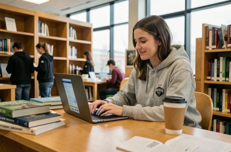 Étudiante souriante utilisant son adresse mail étudiante sur un ordinateur portable dans une bibliothèque universitaire moderne
