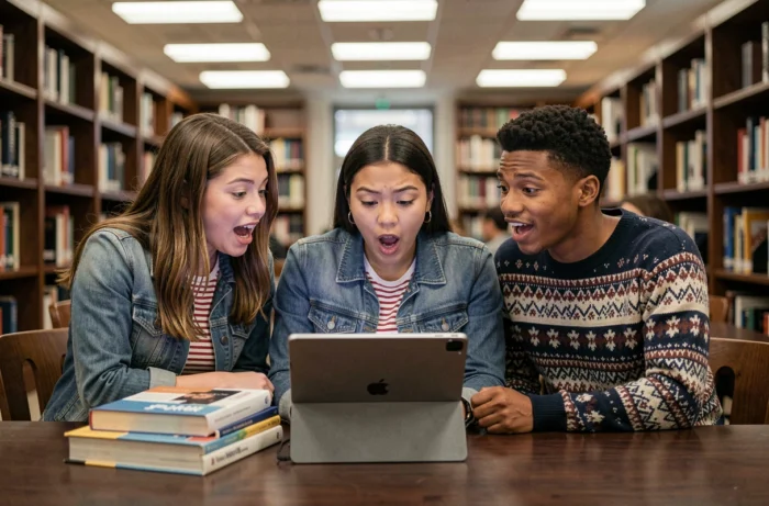 Groupe d'étudiants réagissant avec surprise à un terme viral inconnu sur une tablette dans une bibliothèque universitaire
