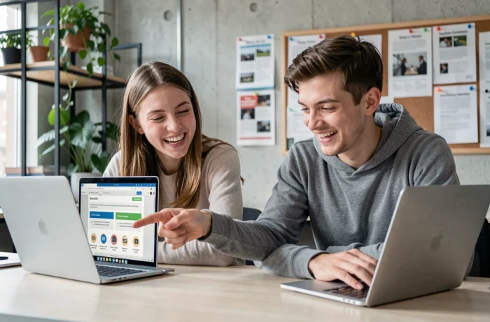 Deux étudiants découvrant ensemble les avantages de leur adresse mail universitaire sur leurs ordinateurs portables dans un espace de coworking