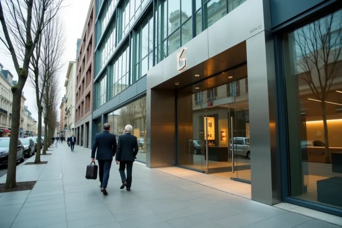 Façade d'un établissement de financement BPCE en centre-ville avec deux professionnels à l'entrée