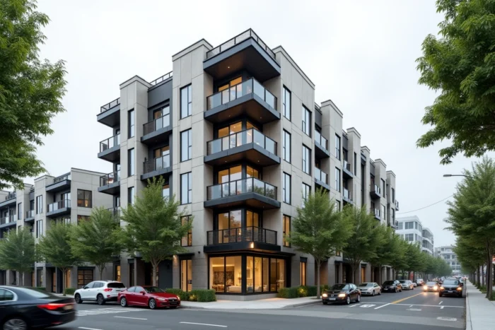 Façade d'un immeuble résidentiel moderne en zone urbaine illustrant un projet immobilier contemporain