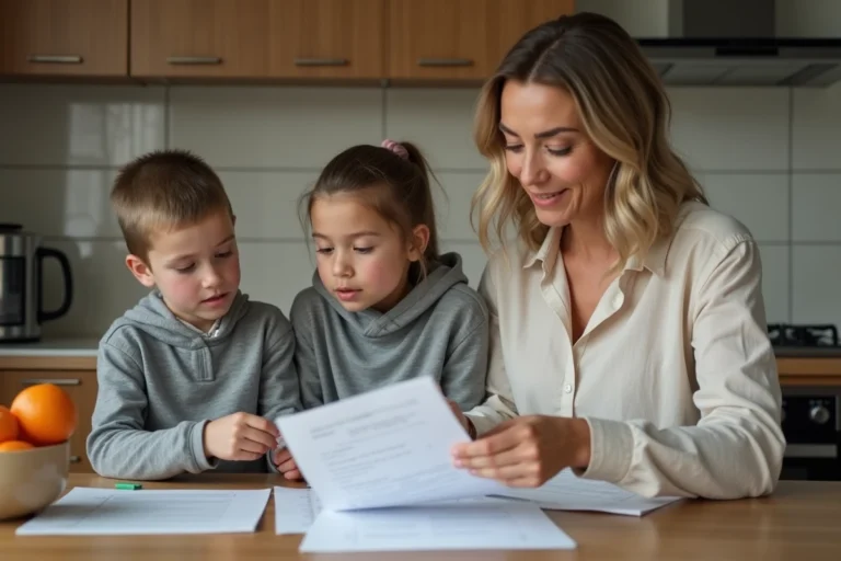 Famille réunie autour d'une table de cuisine pour examiner des documents d'allocations familiales, illustrant les conditions d'attribution selon l'âge des enfants