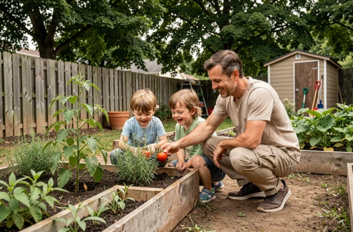 Père et enfants jardinent ensemble dans un potager familial en plein air