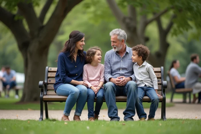 Famille avec deux enfants en conversation bienveillante dans un parc urbain, ressources et conseils pour parents engagés