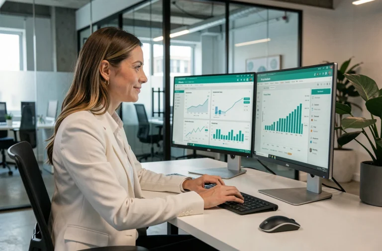 Femme professionnelle analysant des tendances du commerce en ligne sur des écrans dans un bureau moderne