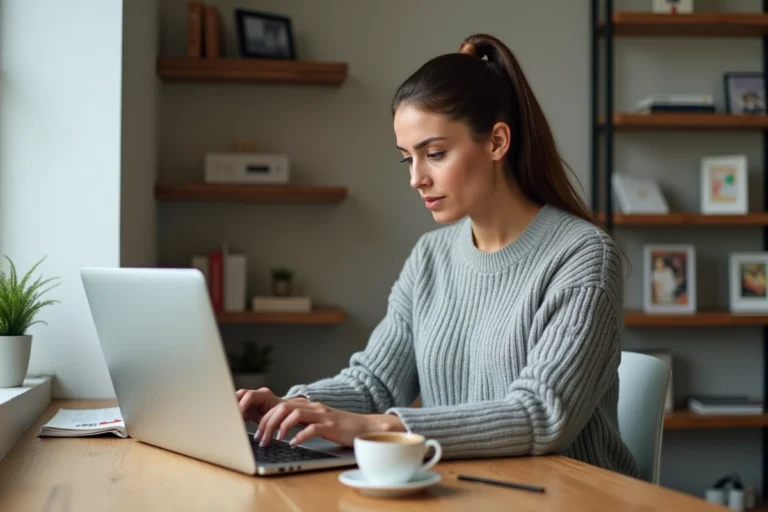 Femme travaillant sur une alternative à Microsoft Office depuis son bureau à domicile avec un ordinateur portable ouvert sur une suite bureautique gratuite