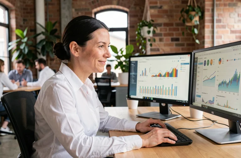Femme professionnelle analysant des données de marketing digital sur deux écrans dans un espace de coworking moderne