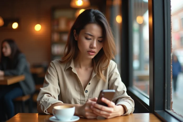 Femme sceptique lisant des avis en ligne sur son smartphone dans un café, illustrant la méfiance envers les avis sur les réseaux sociaux