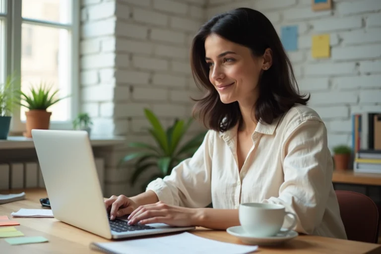 Femme blogueuse travaillant sur son ordinateur portable dans un bureau à domicile moderne pour monétiser son blog en 2024