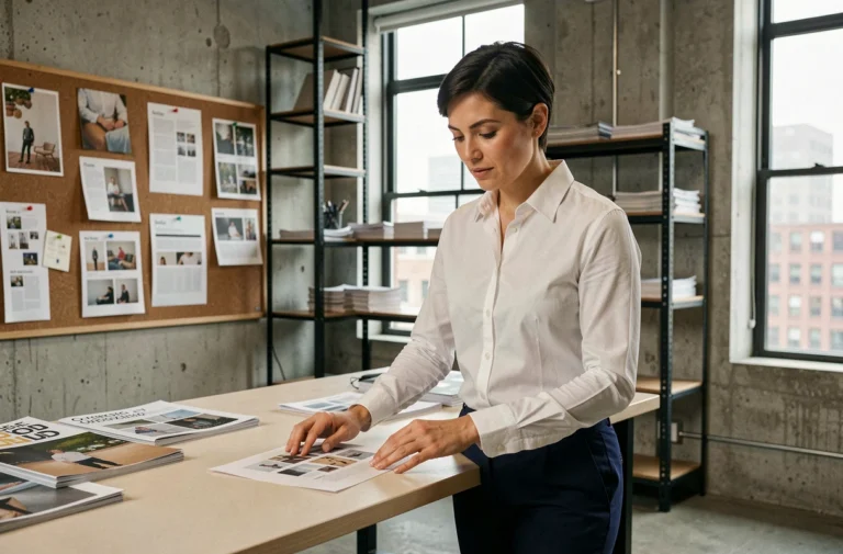 Femme dans un bureau éditorial moderne consultant des maquettes et actualités du monde du design Aleph Zarro