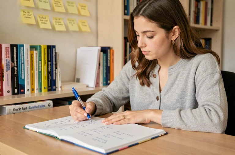 Jeune femme prenant des notes sur la conjugaison du verbe ser en espagnol dans un carnet ouvert posé sur un bureau en bois