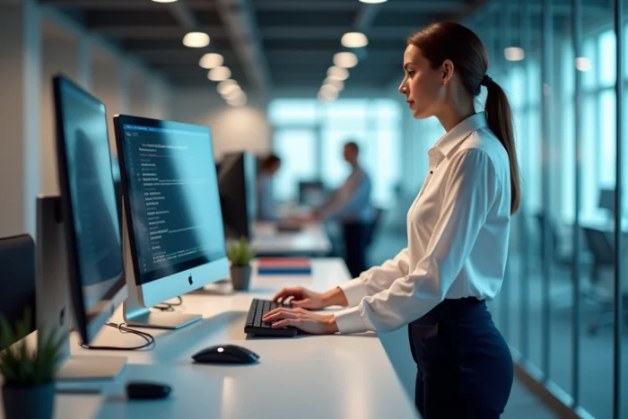 Femme se connectant à la messagerie Dbmail Darty de manière sécurisée sur un ordinateur de bureau en entreprise