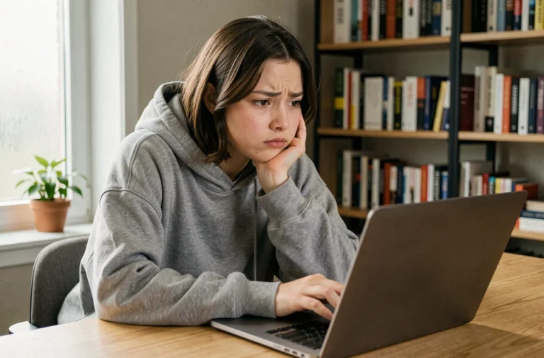 Jeune femme curieuse devant un écran d'ordinateur portable cherchant un terme viral inconnu en 2026