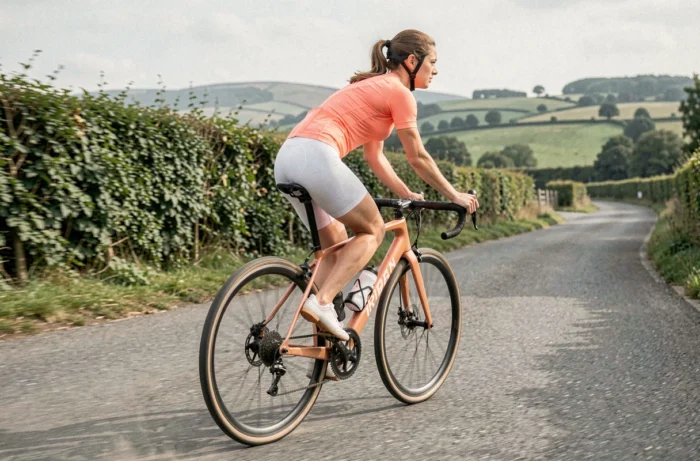 Femme cycliste roulant sur un vélo Triban RC 120 sur une route de campagne, test et avis vélo route entrée de gamme