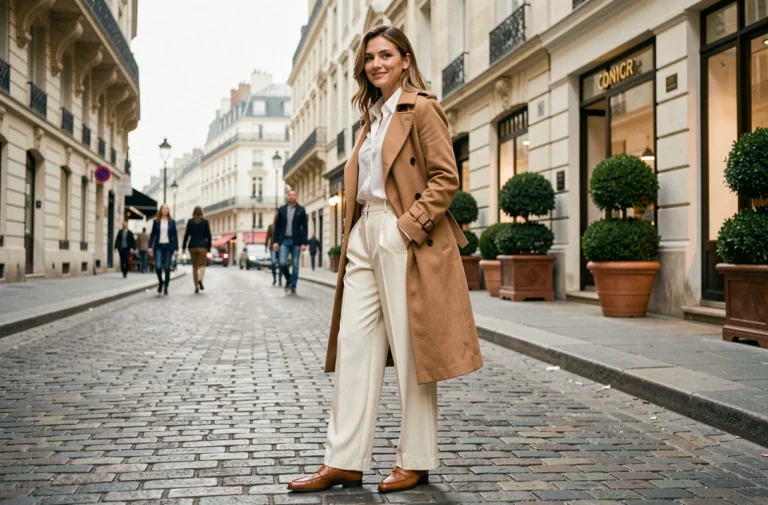 Femme élégante en trench coat camel et pantalon large crème dans une rue pavée parisienne, style mode tendance automne