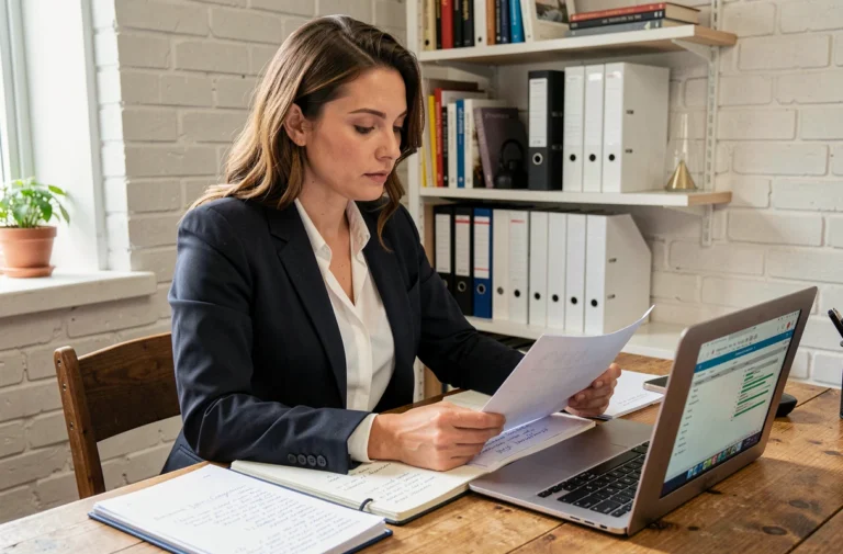 Femme entrepreneur en blazer sombre travaillant sur son plan d'affaires dans un bureau à domicile organisé