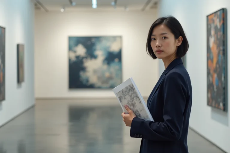 Femme admirant une œuvre d'art contemporain dans une galerie d'exposition moderne